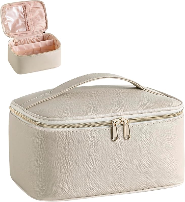 Necessaire de maquiagem JRQCSJY com divisórias, porta-pincéis e zíper, bege com padrão cruzado, 1 unidade