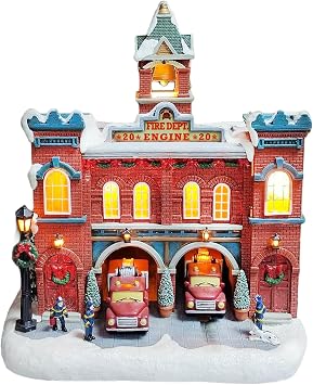 MOMENTS IN TIME Vintage Fire Department Christmas Village 12.2 LED Lights, Music & Moving Fire Trucks, Polyresin Lighted Holiday Building, Adapter Operated Holiday Decoration