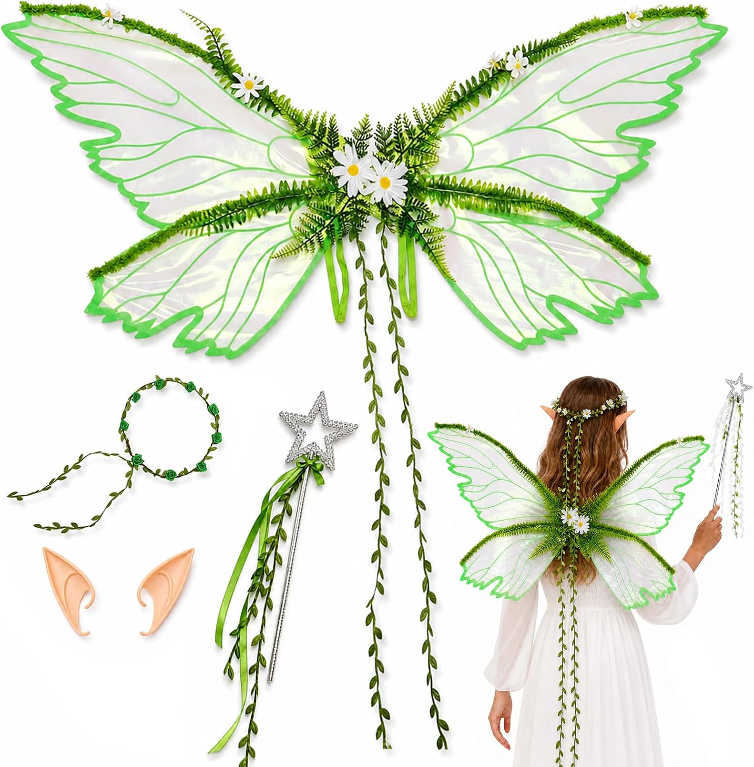4 PCS Fairy Wings with Elf Ears, Flower Crown & Wand