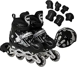 Patins Roller Inline 4 Rodas Skates Ajustavél com Roda Iluminada Jovens e Adultos, Para iniciantes, Uso Interno e Externo + Kit Completo com Capacete e Proteções