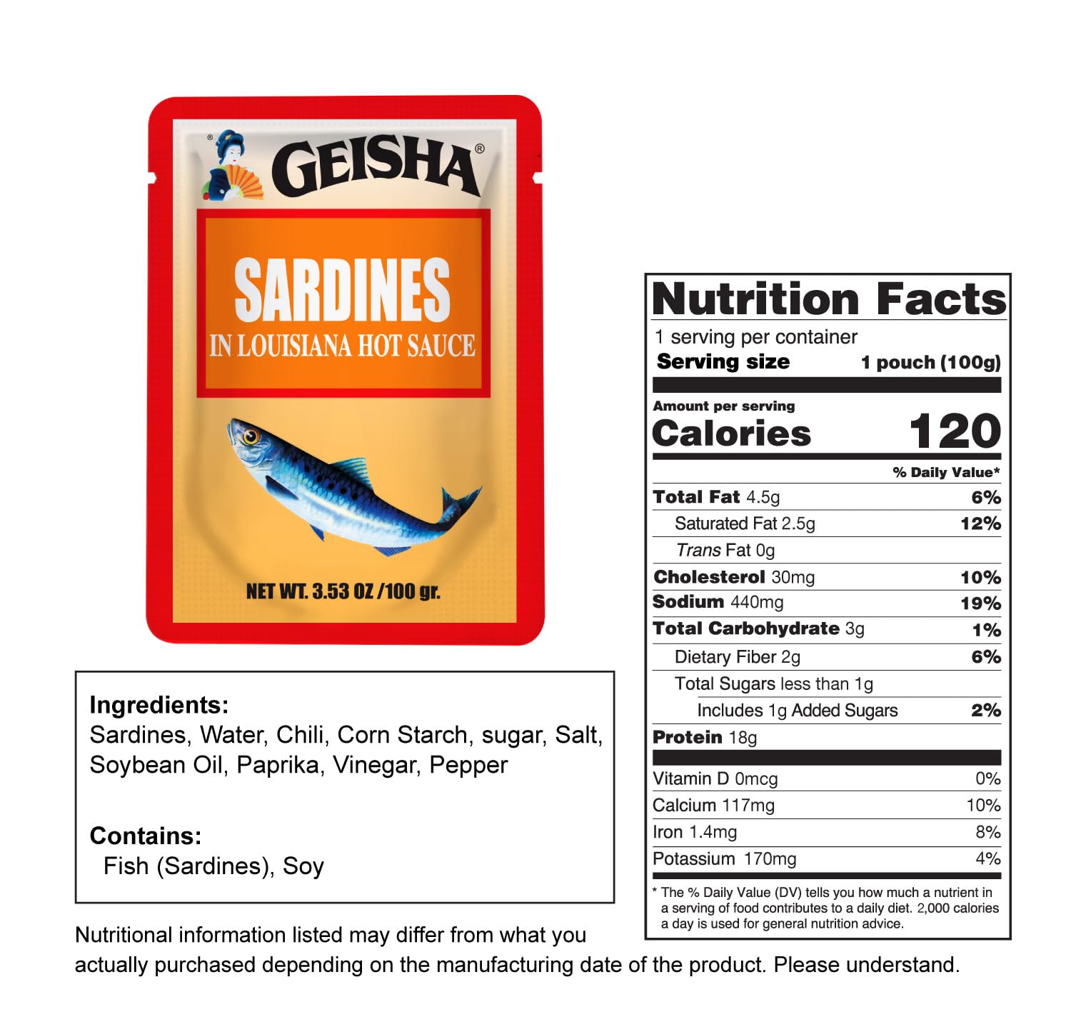 GEISHA Sardines in Louisiana Hot Sauce 3.53oz (Pack of 24), Sardines| HALAL & Kosher Certified – Gluten Free – Wild Caught – Good Source of Protein