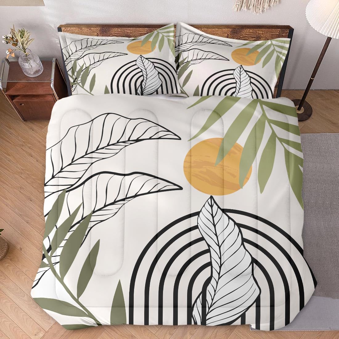 WeCozy Queen Size Comforter Set with 2 Pillowcases, Mid Century Leaf 3 Pcs Bedding for Kids and Adults, Summer Green Geometric Soft Comforter Set for Bedroom Bed Decor