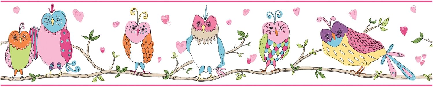York Wallcoverings PW4031BD Girl Power 2 Owl Border, White Background/Pink Band/Multi