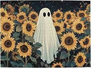 500 Pieces Adult Wooden Jigsaw Puzzle, Classic White ghostsIn Sunflower Field, Black Starry Night Sky, Large Yellow Blooms, Whimsical Spooky Scene,Exploratory Hobbies and Challenges
