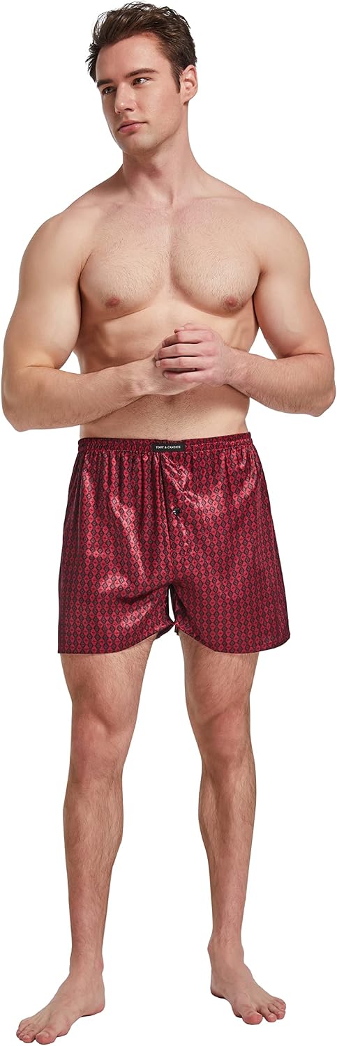 TONY AND CANDICE Men's Satin Boxer Briefs Pack, Silk Feeling Sleep Shorts Underwear with Fly for Men