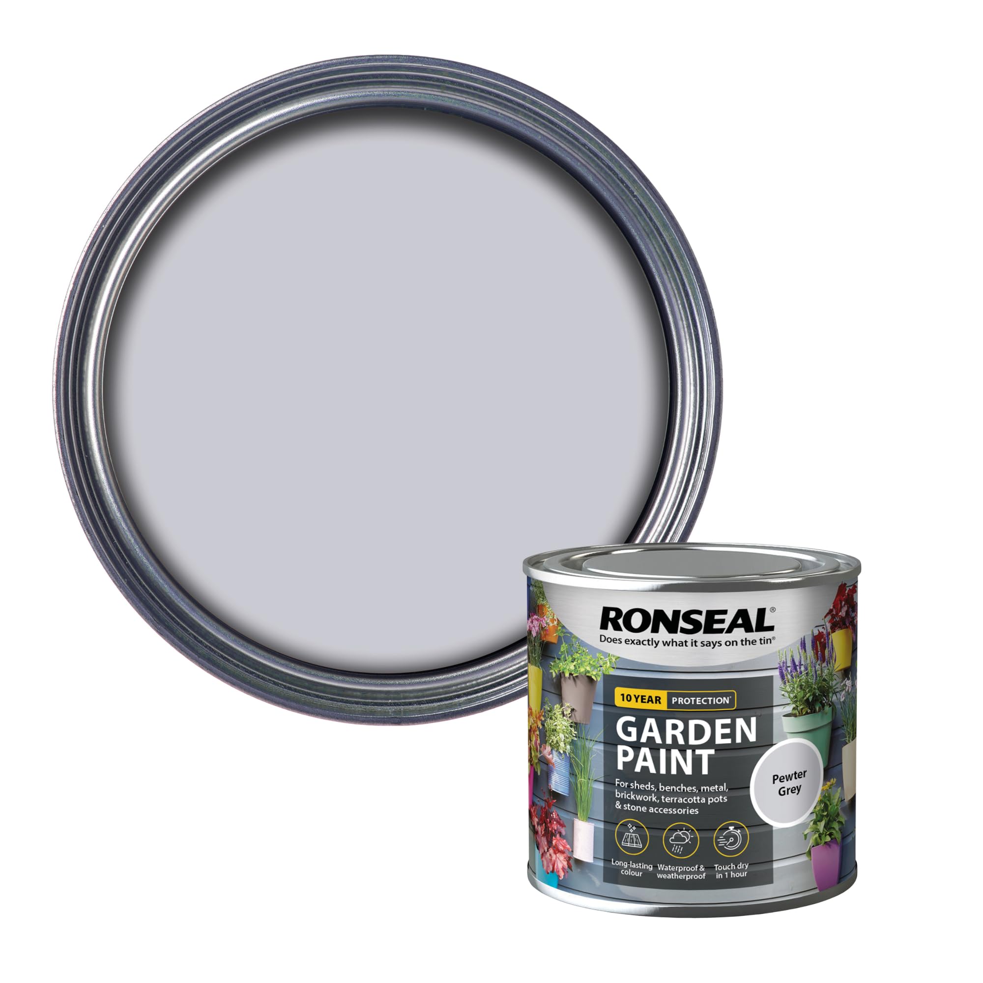 Ronseal Garden Paint in pewter grey, 250ml tin, suitable for adding colour to wood, brick, terracotta and metal surfaces in outdoor garden environments.