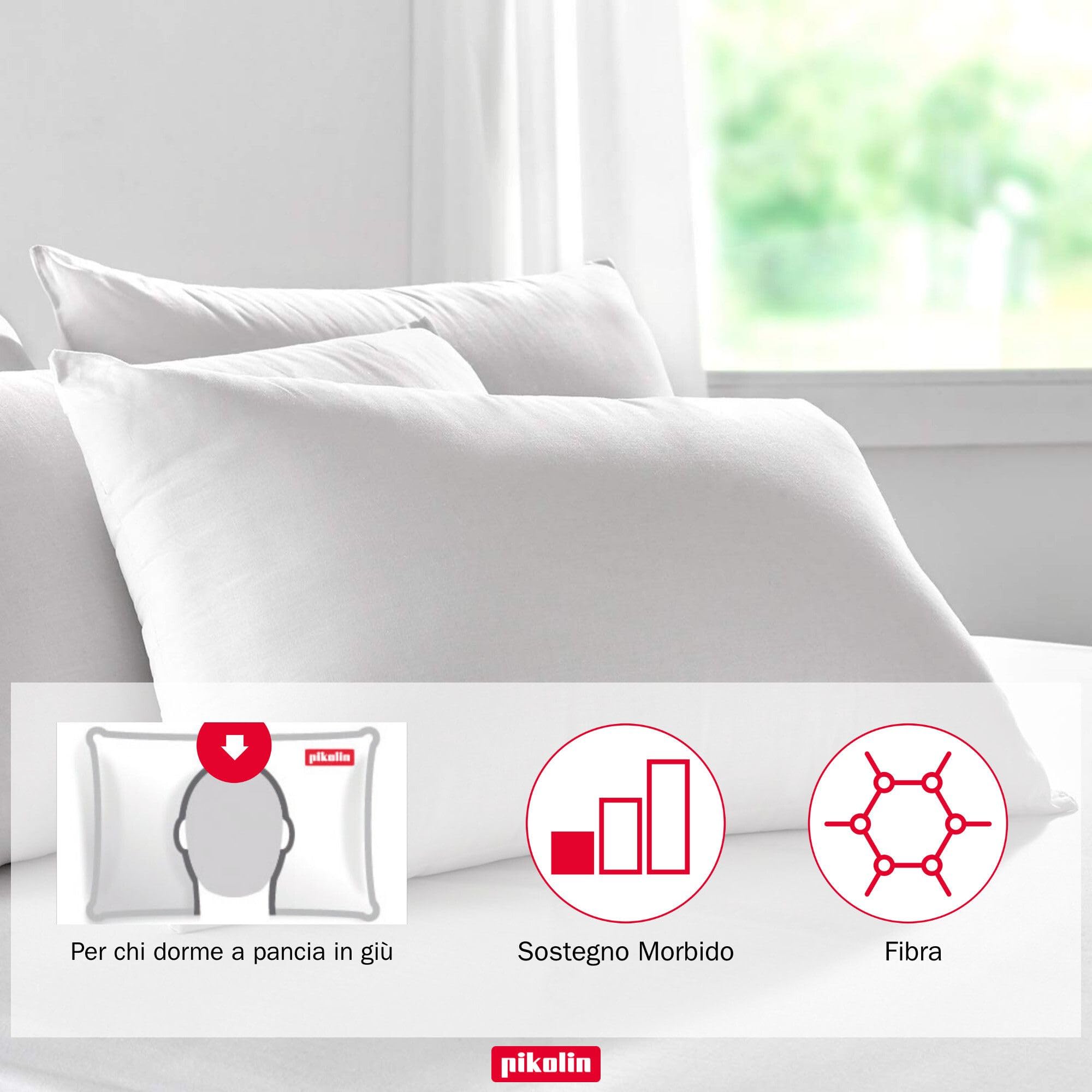 PIKOLIN Set 2 Cuscini Letto Matrimoniale in Fibra Dermoprotettiva - Guanciale Letto con Fodera in Cotone Traspirante e Lavabile con Trattamento Aloe Vera - Bassa Rigidità - 90 x 40 cm