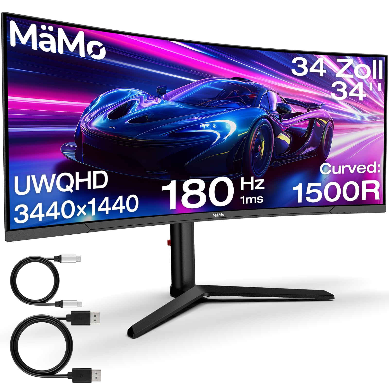 Gaming Monitor, 65W USB-C: 34 Zoll Curved 180Hz 4K | 4K (3440 x 1440 UWQHD) Ultrawide 21:9 Monitor Gaming 1500R VA. 180Hz, 1ms, 99% sRGB. HDMI 2.1, DP 1.4, RGB, höhenverstellbar