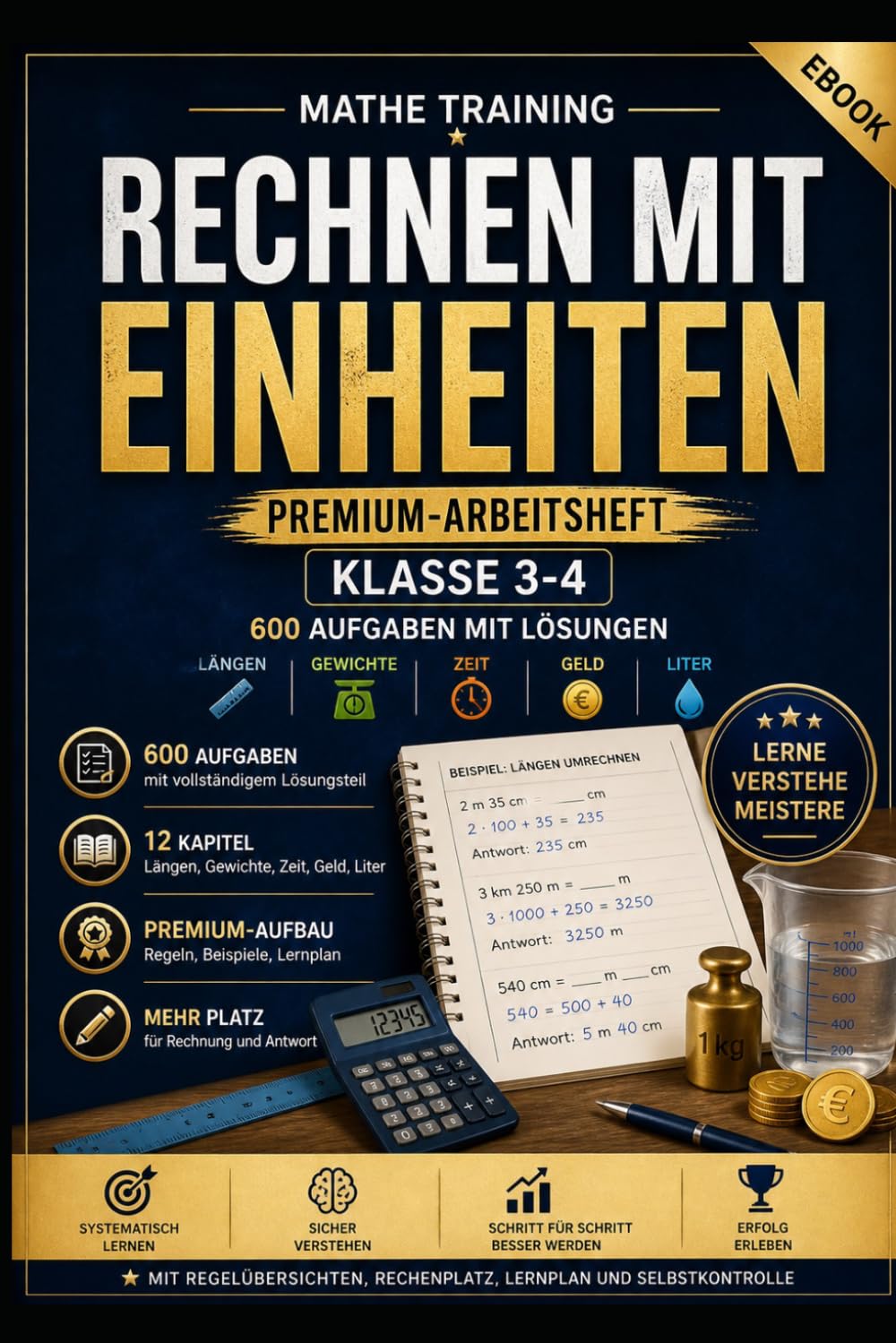 Rechnen mit Einheiten – Grundschule: 600 Aufgaben mit Lösungen: Längen · Gewichte · Zeit · Geld · Liter · Umrechnen & Sachaufgaben · Leicht bis schwer (600 Aufgaben Lernreihe – Mathematik)
