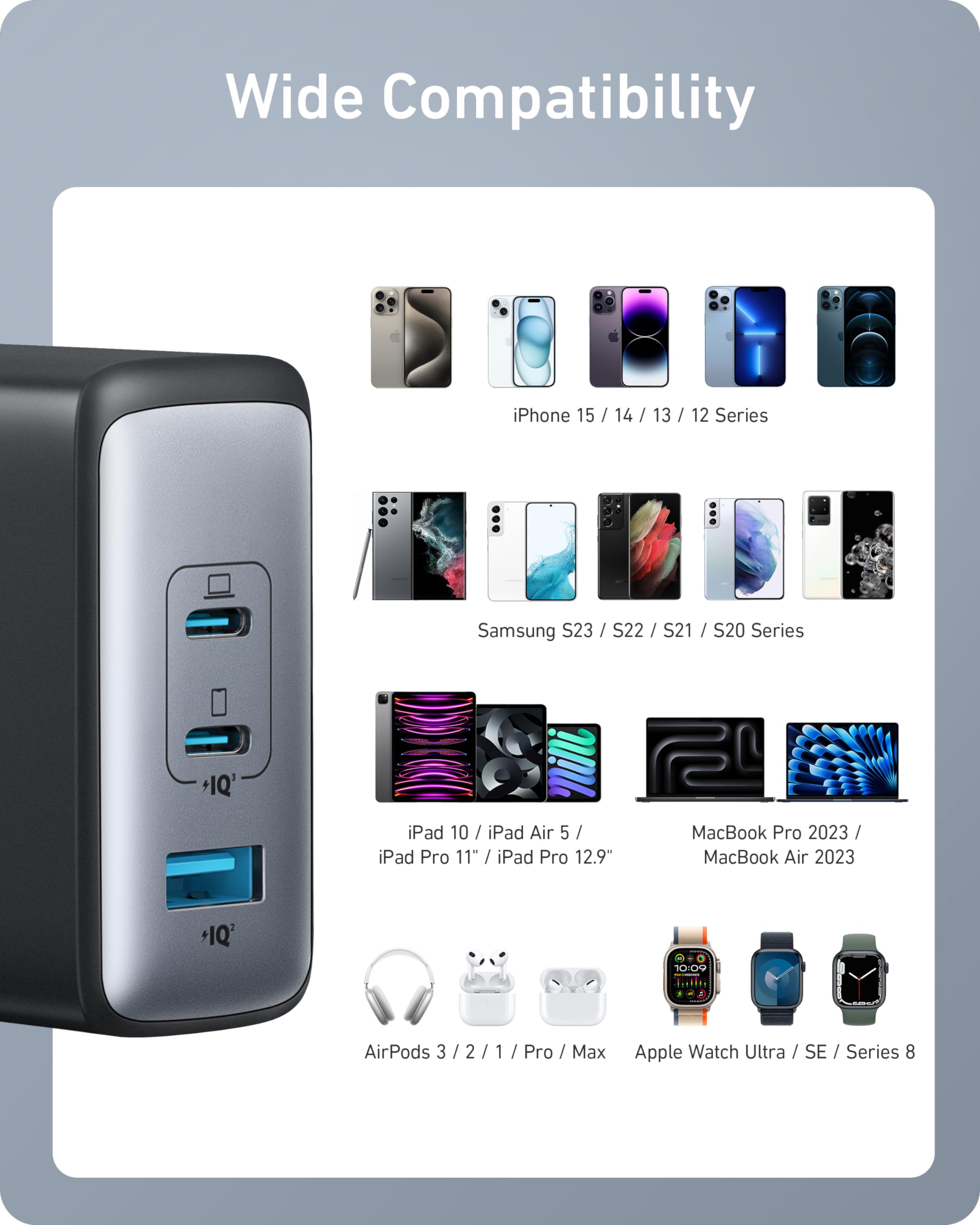 Anker Nano 100W USB-C Charger, 3-Port Fast Compact GaN Charger for MacBook Pro/Air, Pixelbook, ThinkPad, Dell XPS, iPad Pro, iPhone 16 Series, Galaxy S23, and More (Black, 1 Pack & 1 Cable)