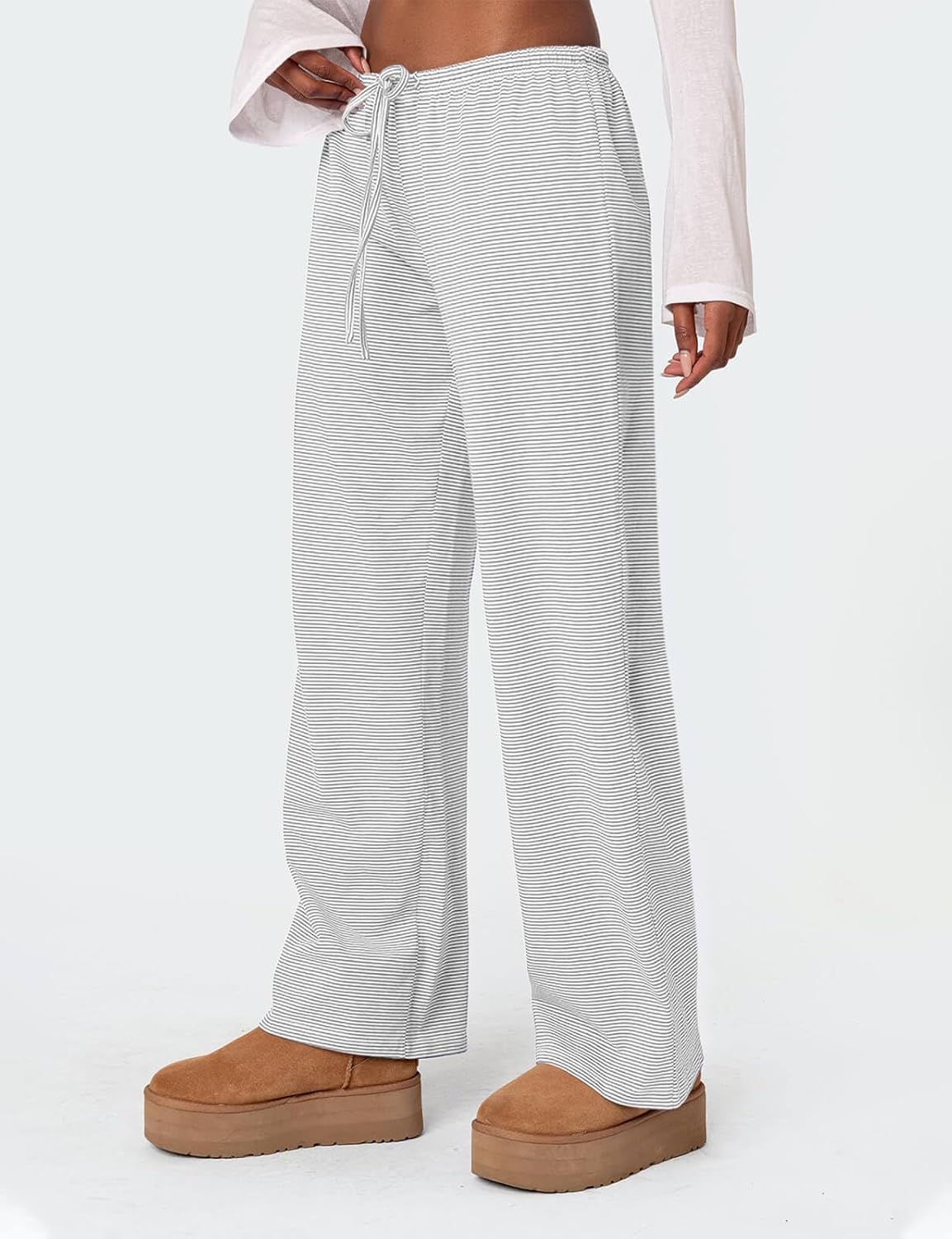 Ugerlov Women's Wide Leg Striped Pants Casual Drawstring Elastic Low Rise Pajama Pants Lounge Wear Trousers - Image 2