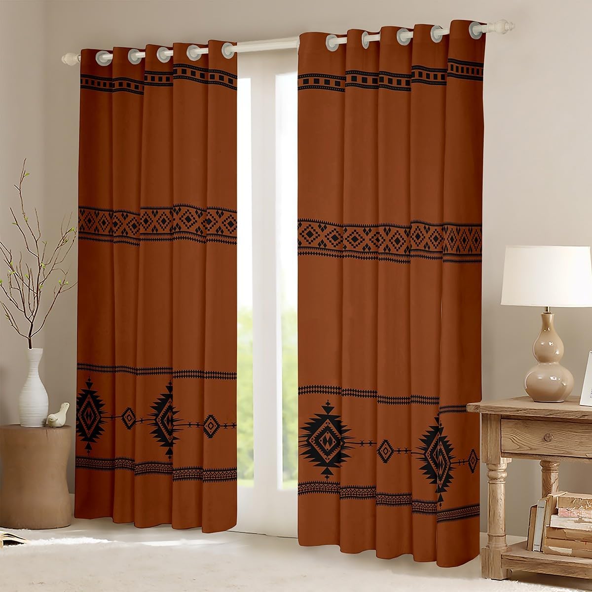 Manfei Western Cowboy Kids Blackout Curtains,Geometric Aztec Southwest Tribal Indian Window Drapes for Girls Boys,Rustic Farmhouse Brown Retro Window Treatments Grommet Top 2 Panel Set,52Wx84L inch