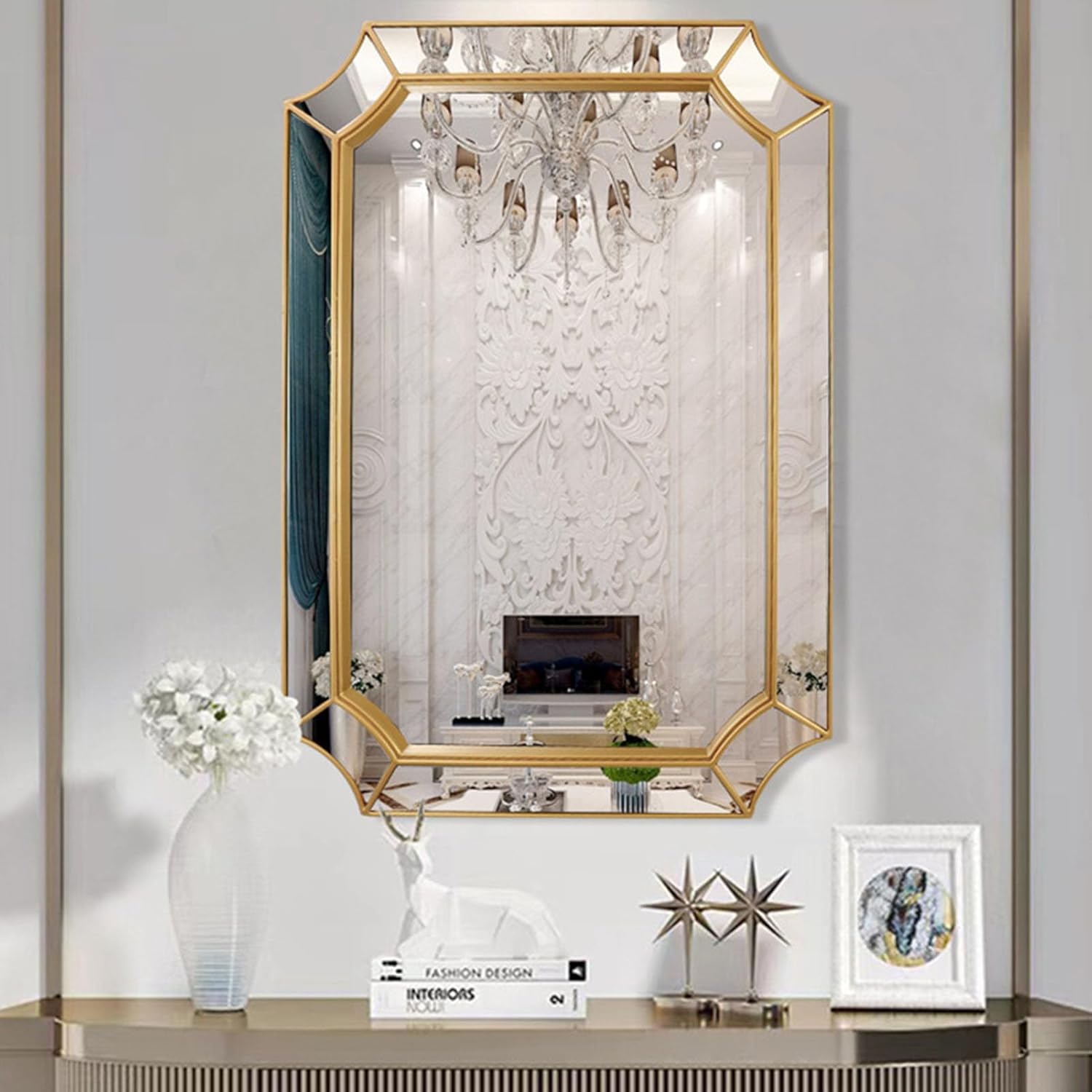 Rectangular Scalloped Frameless Mirror, Beveled Edge Curved Corners Bathroom Mirrors for Vanity | Wall Mounted Decorative Glass Mirror Hangs Horizontal & Vertical