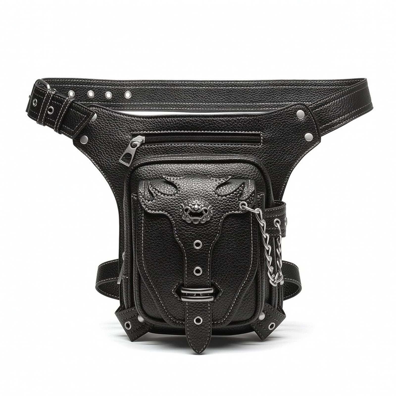F Fityle Riñonera Resistente para Hombre con Acabado Cuero PU Negro y Placa corativa Metálica con Bolsillo y Correa con Múltiples Agujeros para