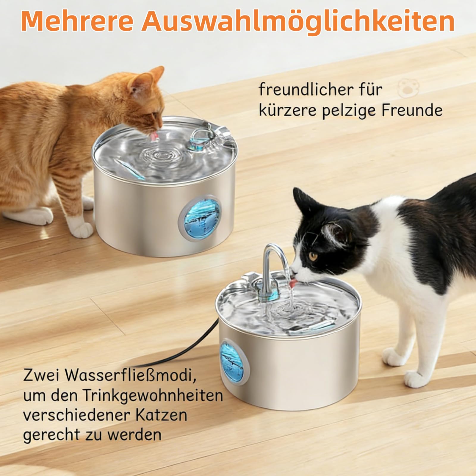 Nordflow Edelstahl Haustierbrunnen für Haustiere, 2,2 Liter Kapazität, extrem leiser Betrieb, zirkulierendes Frischwasser, inklusive 2 Aktivkohlefiltern und 2 Schwämmen (Rundes Sichtfenster)