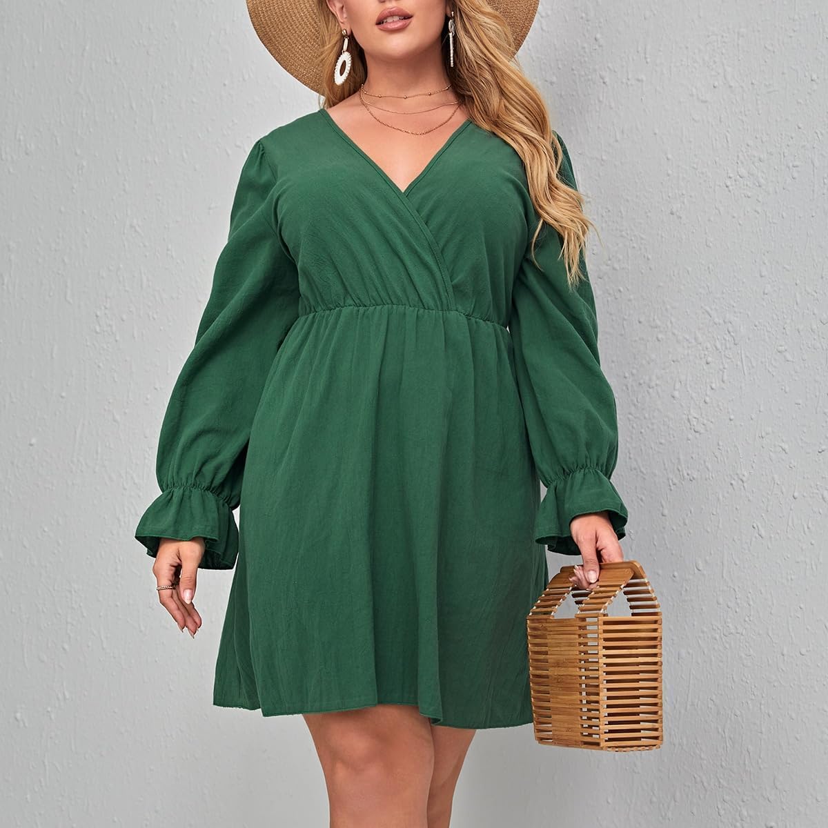 Wrap Dress for Women Plus Size with Long Sleeve, Green Knee-Length V-Neck Party Dress for Wedding Guest - Image 5