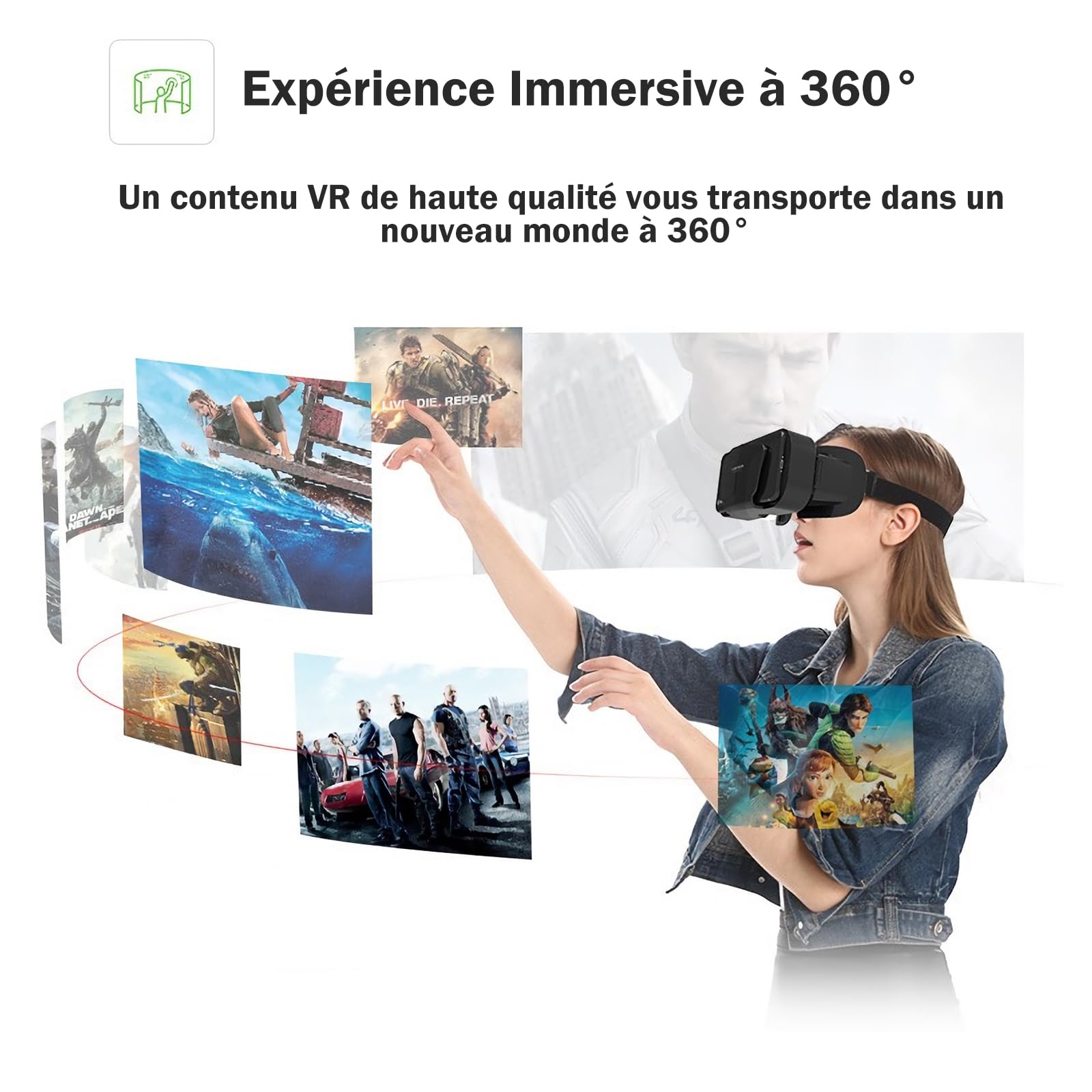 Casque VR pour Smartphone 4,7-7,0 Pouces, Casque Réalité Virtuelle 3D avec Télécommande, Compatible 1Phone et Android, Lentilles HD Anti-Lumière Bleue, Réglage IPD et Distance Focale 01