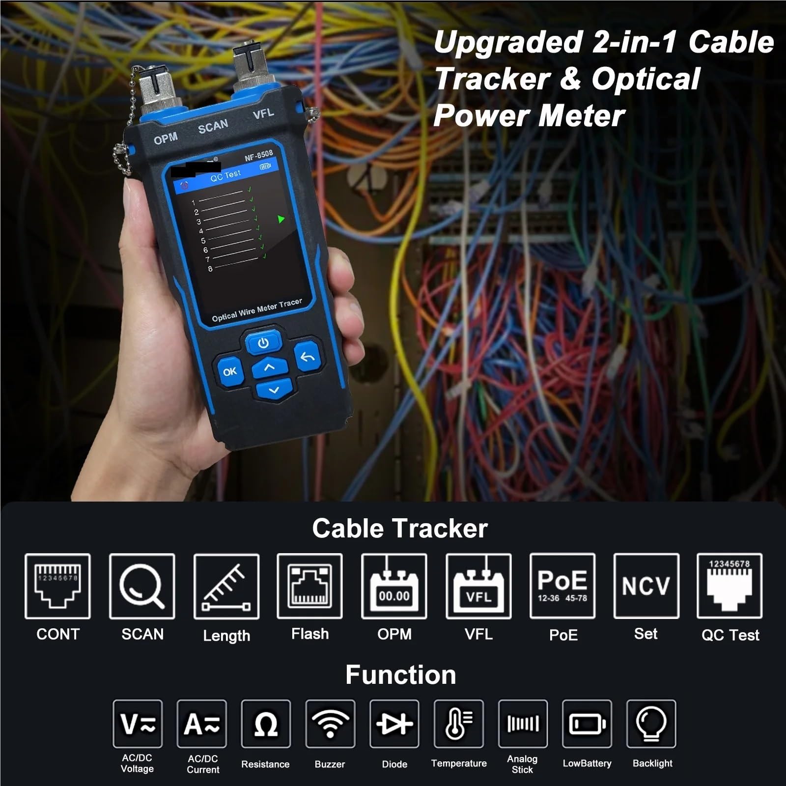 Tester per cavi di rete, NF-8508 Cable Tracker LAN Misuratore di potenza ottica Display LCD Misura lunghezza Wiremap Tester cavi rete
