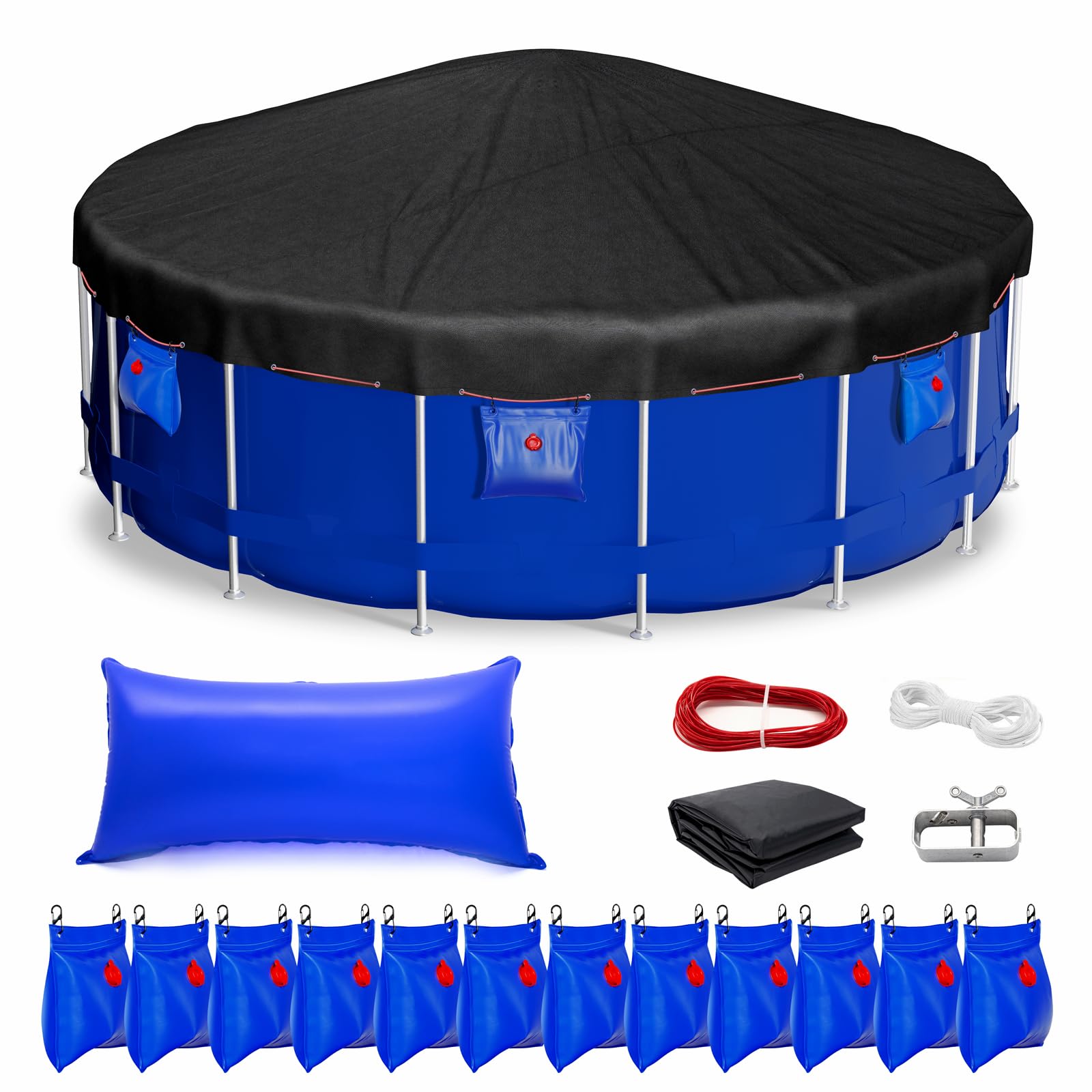 Pool Covers for Above Ground Pools, 24 Ft 420D Thickened Round Pool Cover, Windproof and UV-Resistant, Cover Pool Set with Water Bags, Water Pillow and Drawstring