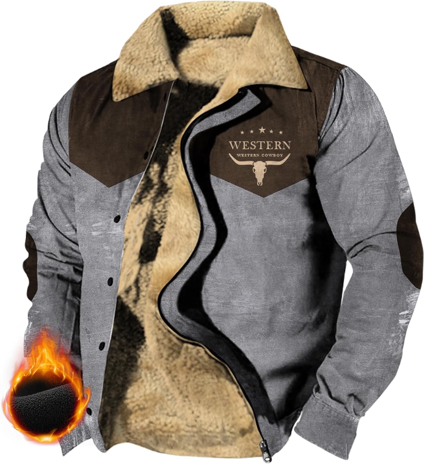 Western Cowboy Ethnic Jackets for Men Longhorns Graphic Fleece Zip Up Trucker Jackets Heavyweight Work Coat