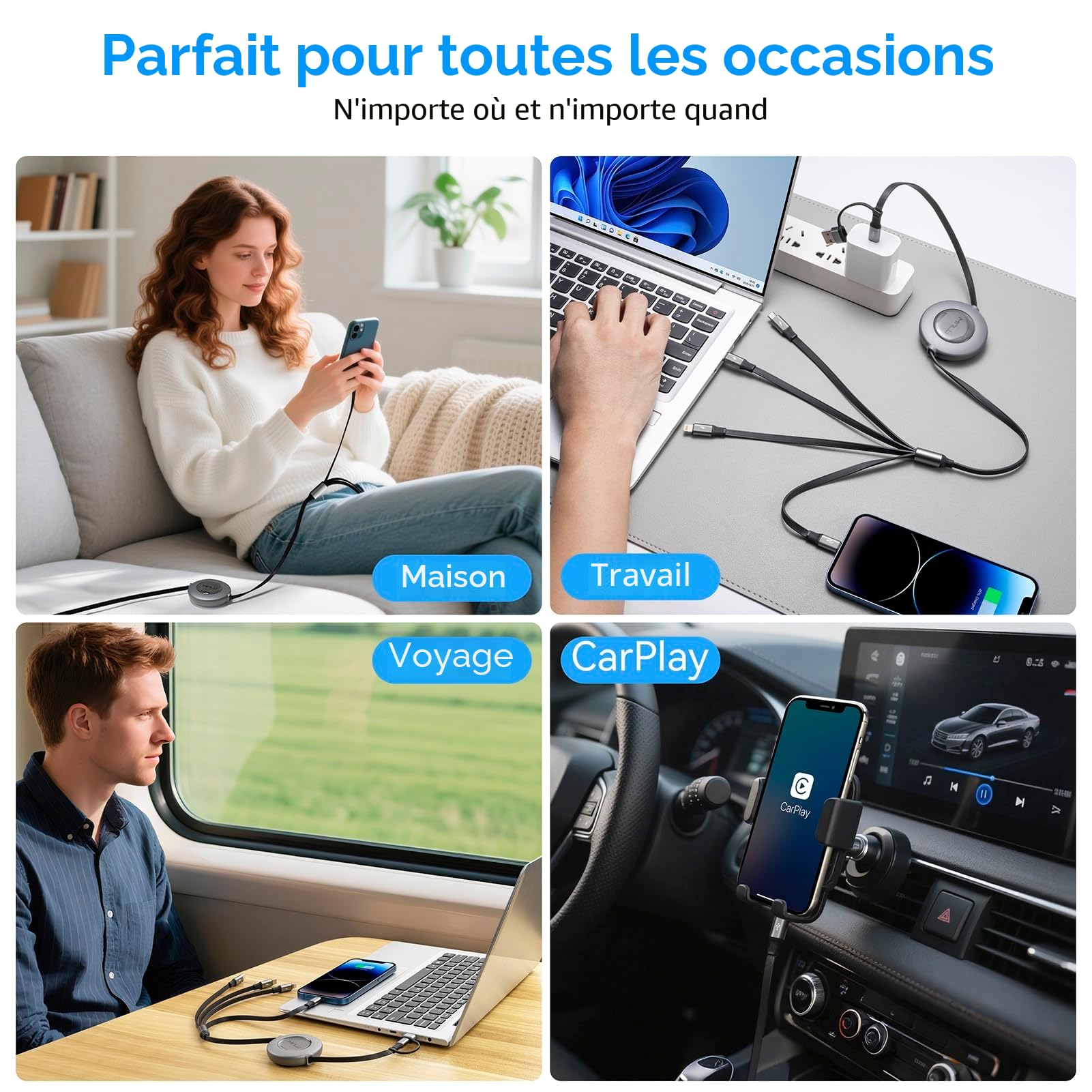 Minlu Câble de Charge 6 en 1, 1,2m Rétractable Cable Chargeur Multi Embout, Câble de Charge Rapide USB C avec Lightning Transfert de Données, Câble Multi USB pour iPhone,Android,Galaxy,Tablet