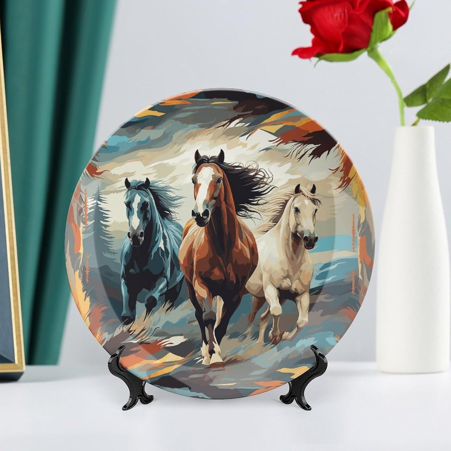 A Pattern with Horses As A Background Ceramic Plate 10inch Decorative Bone China Wall Hanging Ornament Plates Bohemian Style Dinner Plate with Display Stand Cabinet Display Plates for Home Art Decor