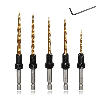 Countersink Drill Bit Set with Titanium Coating 1/4 Inch Hex Shank Tapered Drill Bits for Wood Working with Hex Key Wrench, 7/64,9/64,11/64,3/16,7/32-5pcs