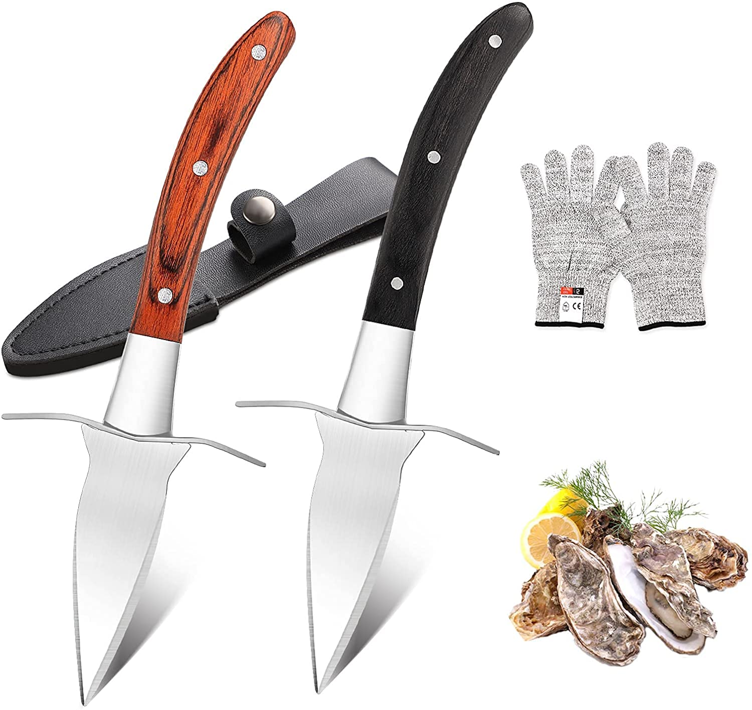 Oyster Knife Shucker Set, Gloves Cut Resistant Level 5 Protection Seafood Opener Kit Tools, 3.5’’ Stainless steel Oyster Knife, Thoughtful Gift for Seafood Lovers, for Home Restaurant (2knifes+1Glove)