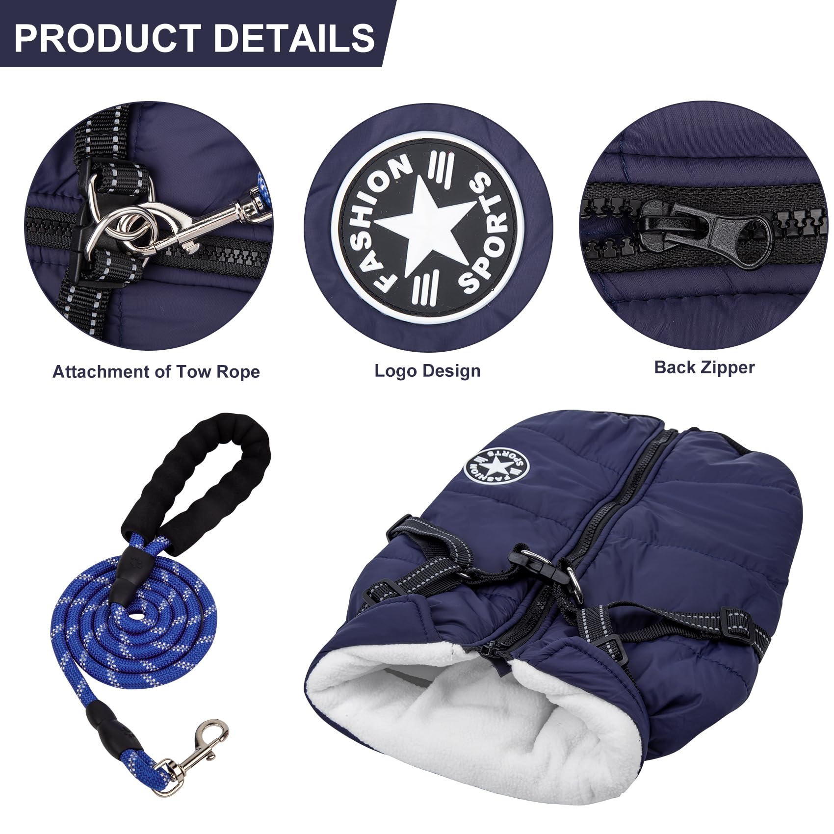 Vestiti per Cani, Cappottino Invernale per Cane di Piccola Taglia con Guinzaglio, Regalo di Cappotto Cane(XXL,blu)