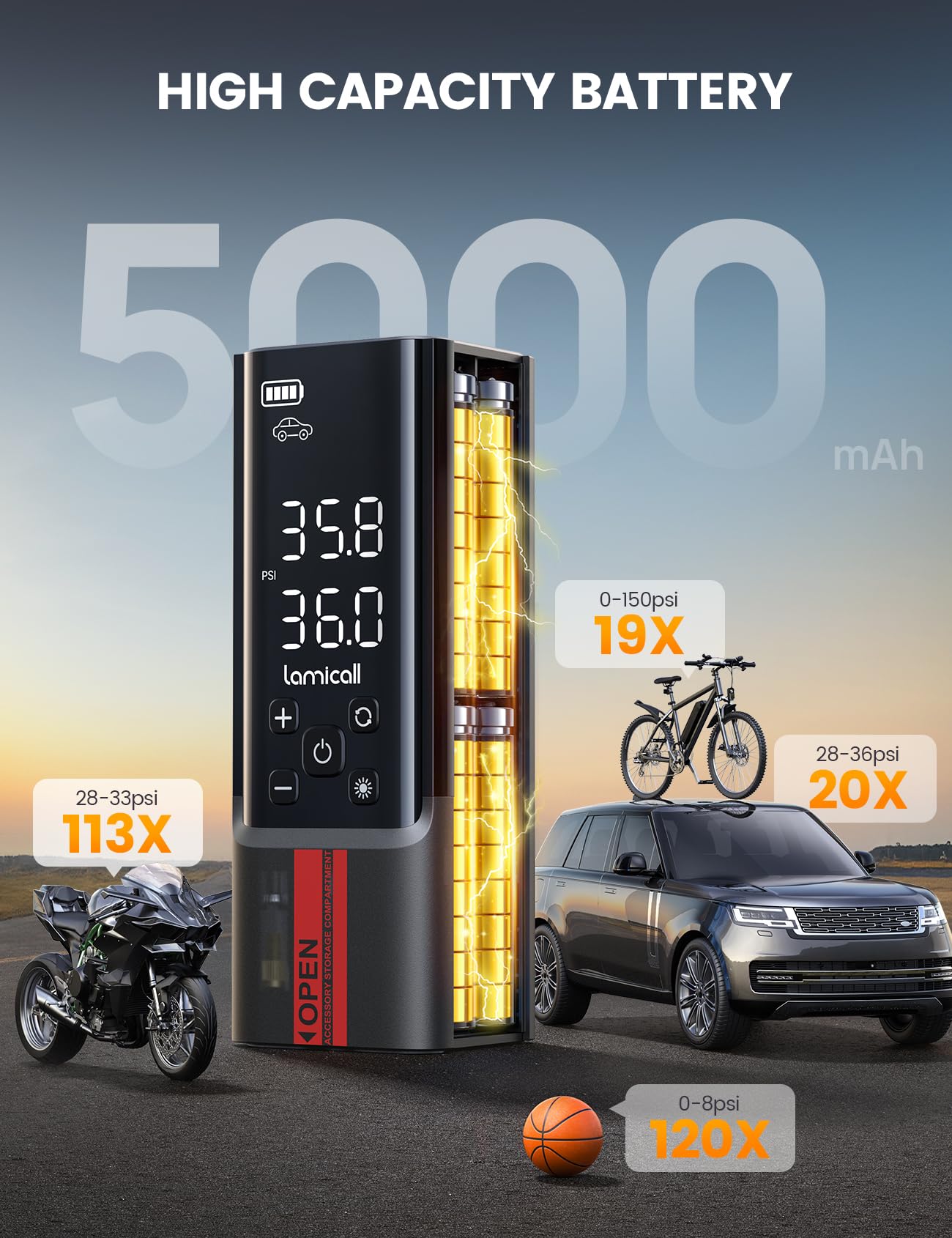 Lamicall Gonfleur Pneu Voiture, Compresseur à Air Portatif – [150 PSI Inflation Rapide] avec Écran LCD & Lumière LED, Bloc d'Alimentation, Gonfleur avec 3 Buses pour Voiture/Vélo/Moto/Ballon