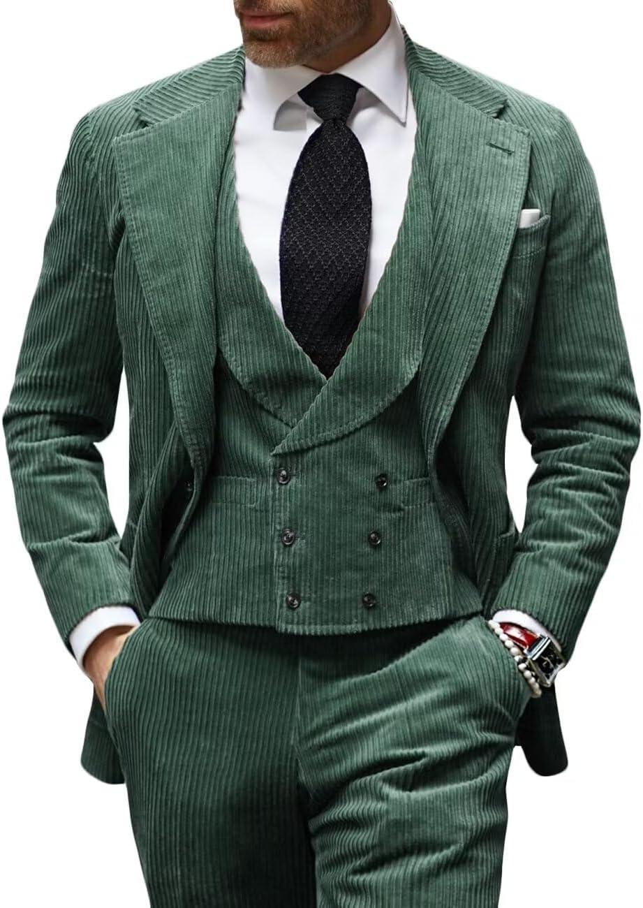 Men's 3 Piece Slim fit Corduroy Suit Double Breasted Vest Pant Set Party Prom Wedding Suit