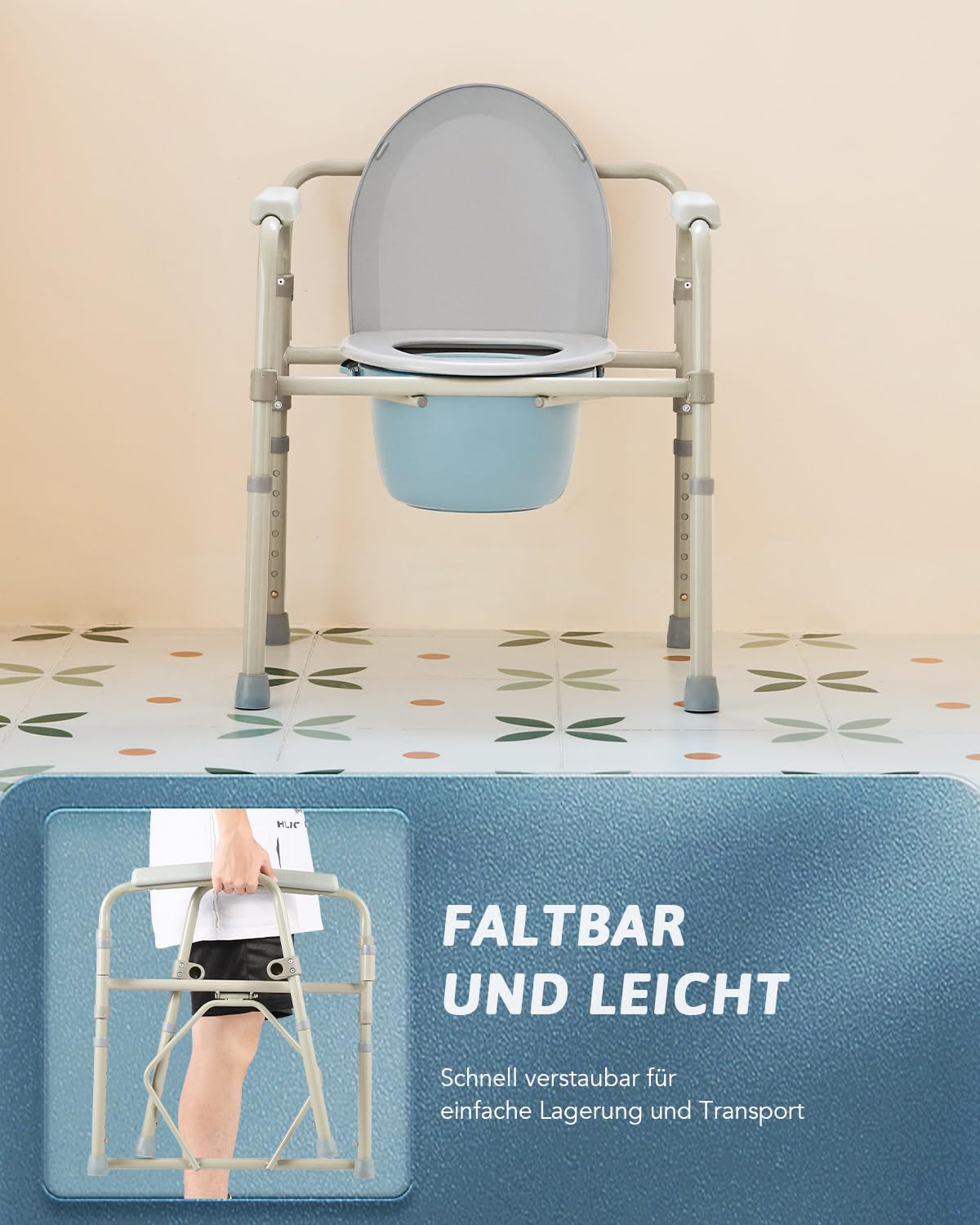 Toilettenstuhl für Senioren 135kg Faltbar Nachtstuhl mit Armlehne Hygienischer Toilettenstuhl Toilettenhilfe WC Stuhl Höhenverstellbar Stuhl für Toilette mit herausnehmbarer Eimer