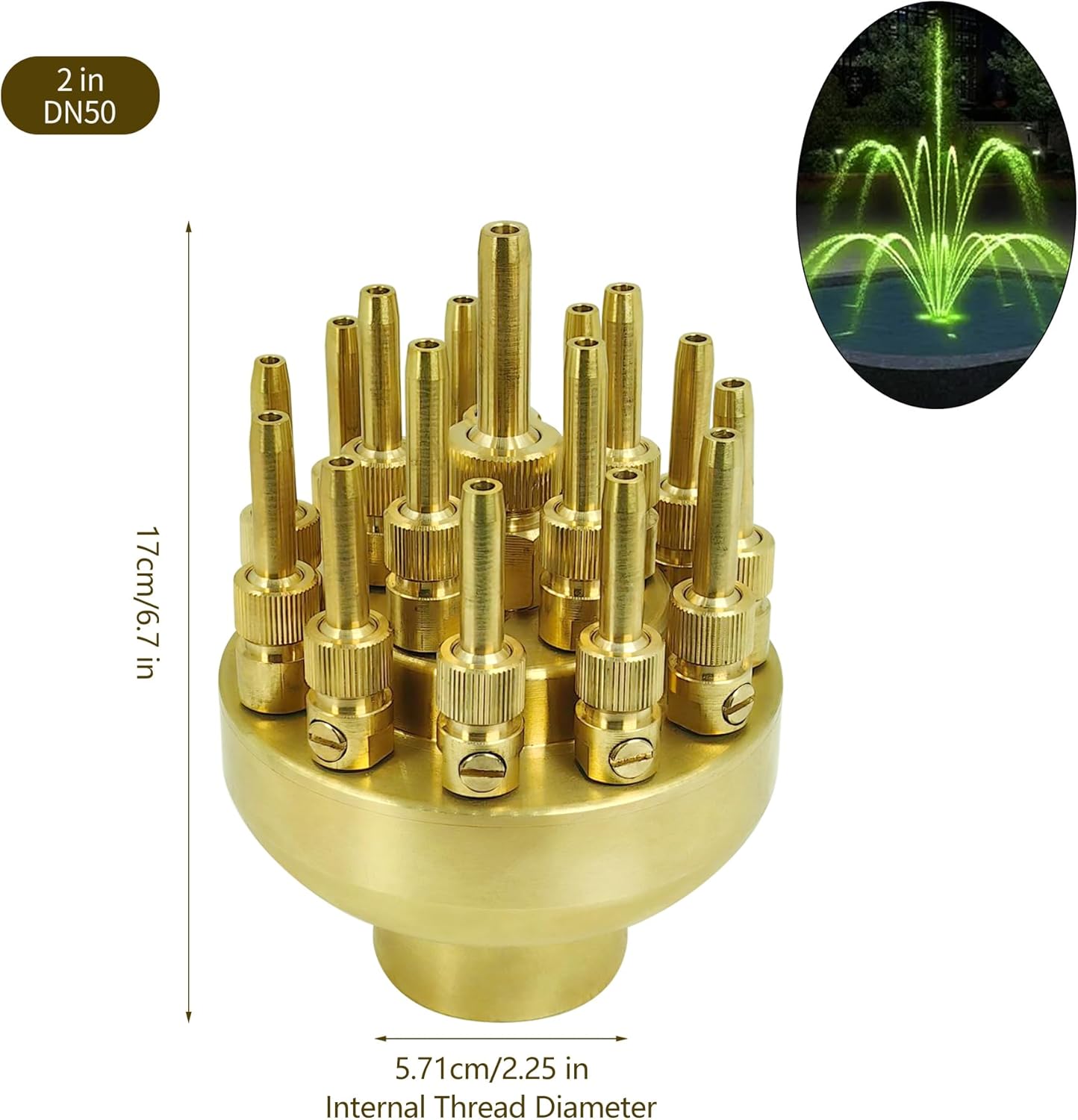 Brass Fountain Nozzles, Outdoor Water Spray Heads & Adjustable Jet Nozzles for Garden Ponds, Patio Fountains, and Water Features B-N-17 (1.5 Inch - -DN40)