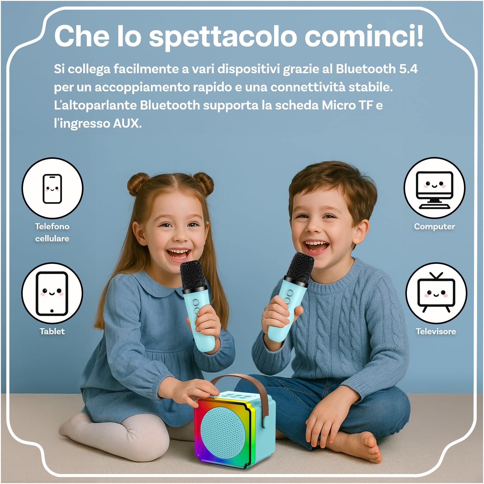 Macchina Karaoke per Bambini con 2 Microfoni Wireless di MMOBIEL – Portatile Cassa Bluetooth, 2 Microfono, Luce LED, Effetti Vocali – Giocattolo Musicale, Regalo per Ragazze, Ragazzi, Bambini 3+, Blu