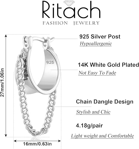 Vista 2 de Ritach Pendientes de Cadena Dorada para Mujer, Elegantes y Tendenziosos, de Plata de Ley 925 con Poste, Chapados en Oro de 14k, Pendientes de Aro