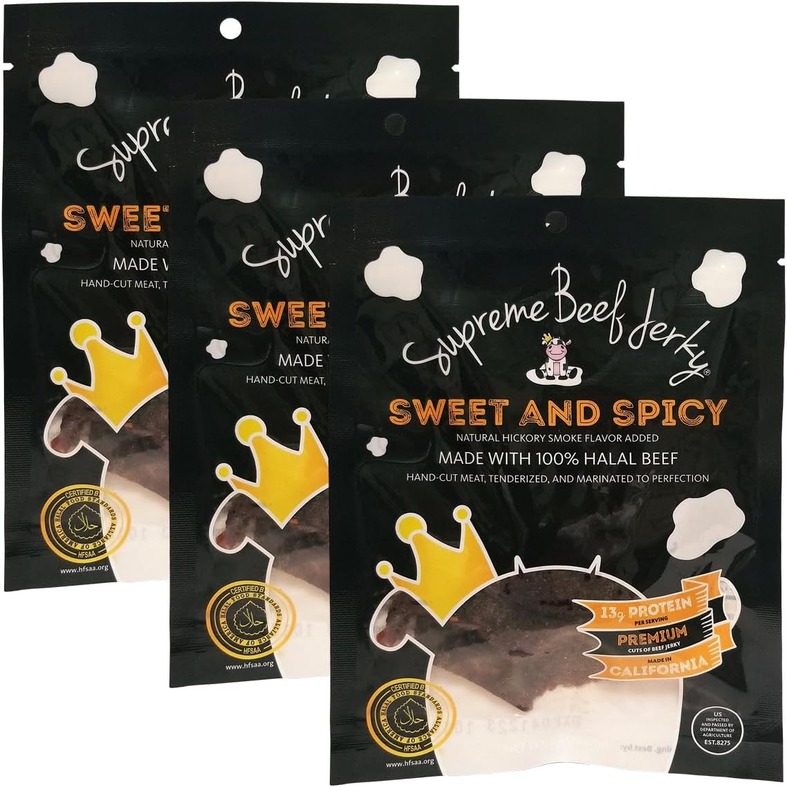 Supreme Beef Jerky, Halal Beef Jerky, Zabiha Halal Certified Beef, Handcrafted Gourmet Meat Snacks, 2.5 oz Sweet and Spicy, B2G1 2.5 Ounce Bags, Pack of 3