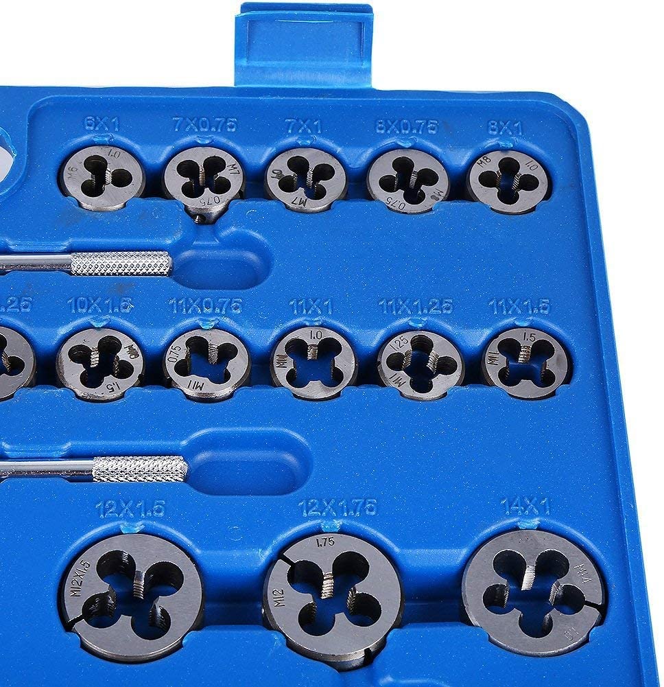 Set Filiera 110 Pezzi Set Maschi e Filiere 110 Pz in Acciaio al Tungsteno M2-M18 Maschi e Filiere M2-M18 Professionali con Custodia Portatile Ingegneria con Accessori Completi e Valigetta in Plastica