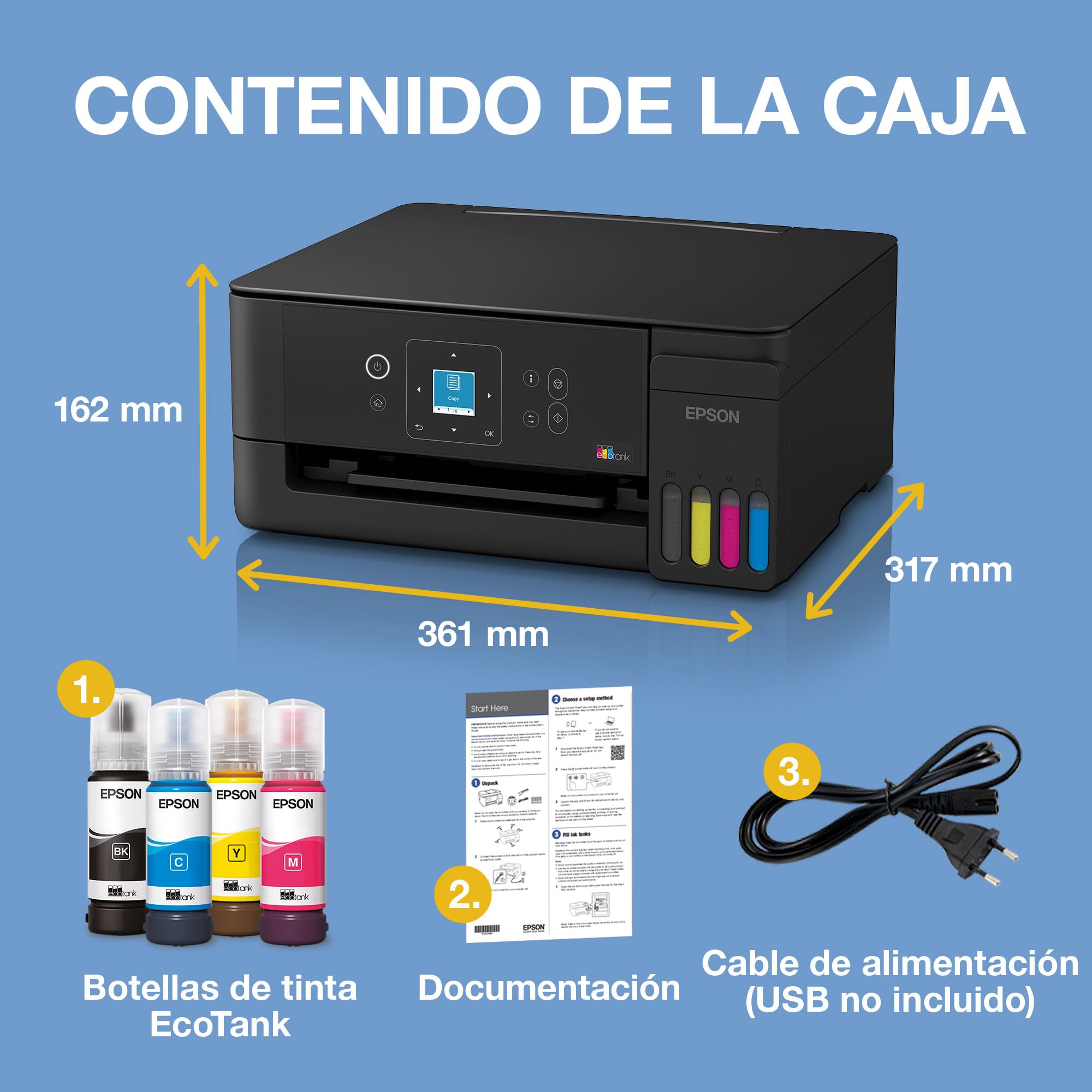 Epson EcoTank ET-2922 | para hogares dinámicos | Wi-Fi | A4 | Impresión, Copia, escaneado | Pantalla LCD | Compatible con AirPrint | Compacta | Incluye hasta 3 años de Tinta