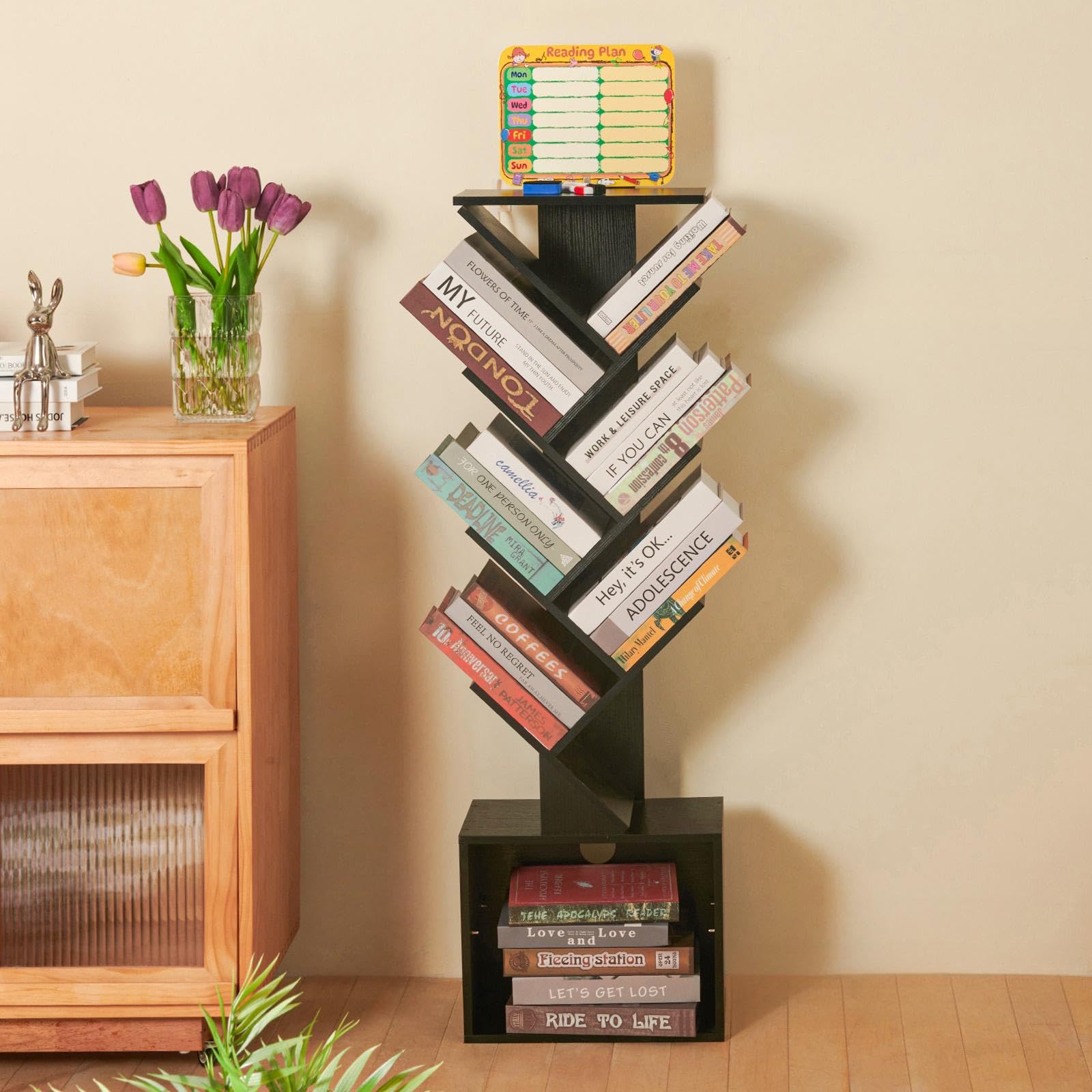 7 Tier Tree Book shelf, Small Bookcase with Reading Planner and Activity Panel, Modern Floor Standing Corner Tall Narrow Storage Cabinet Bookshelves