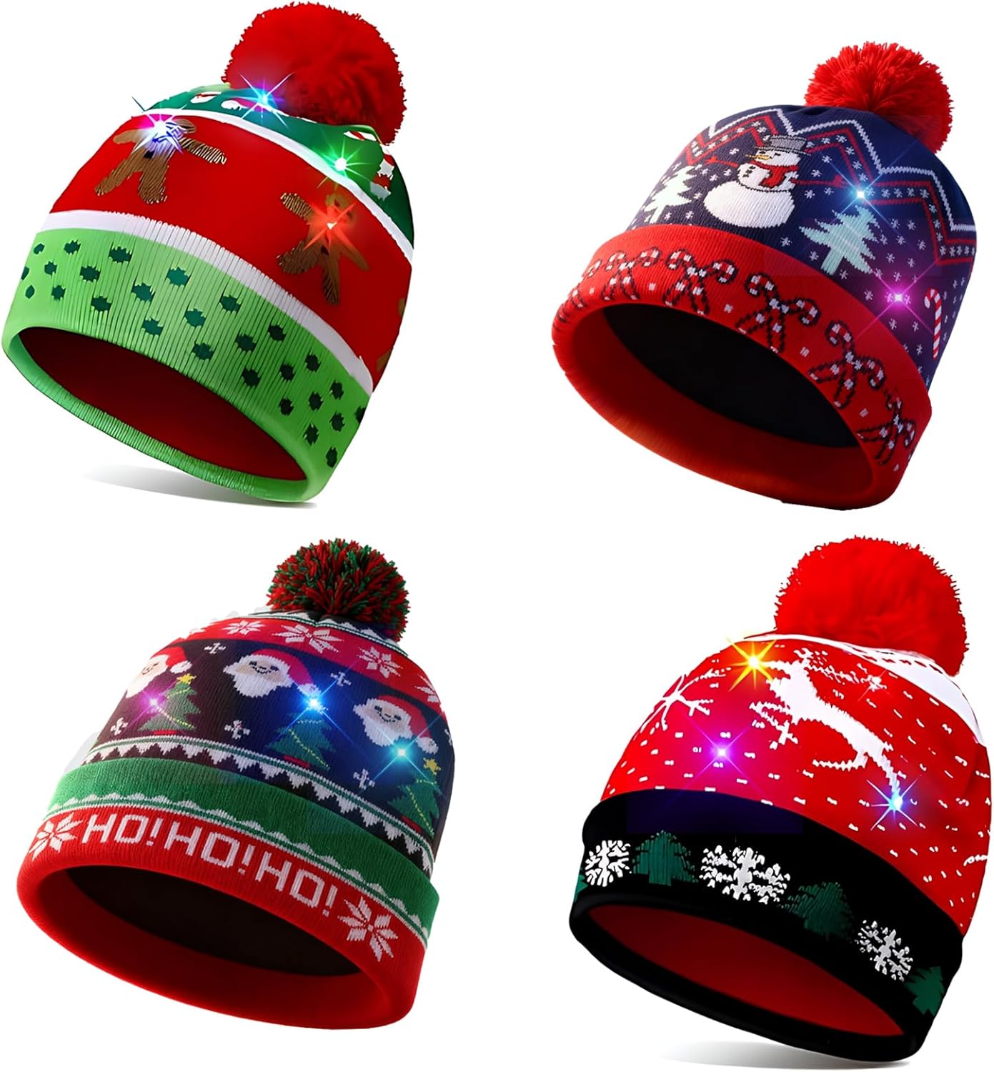 4 Pack LED Christmas Hat, Christmas Light-up Beanie Knit Hats with 6 LED Lights, Winter Snow Hat for Holiday Xmas Sweater New Years Party Supplies
