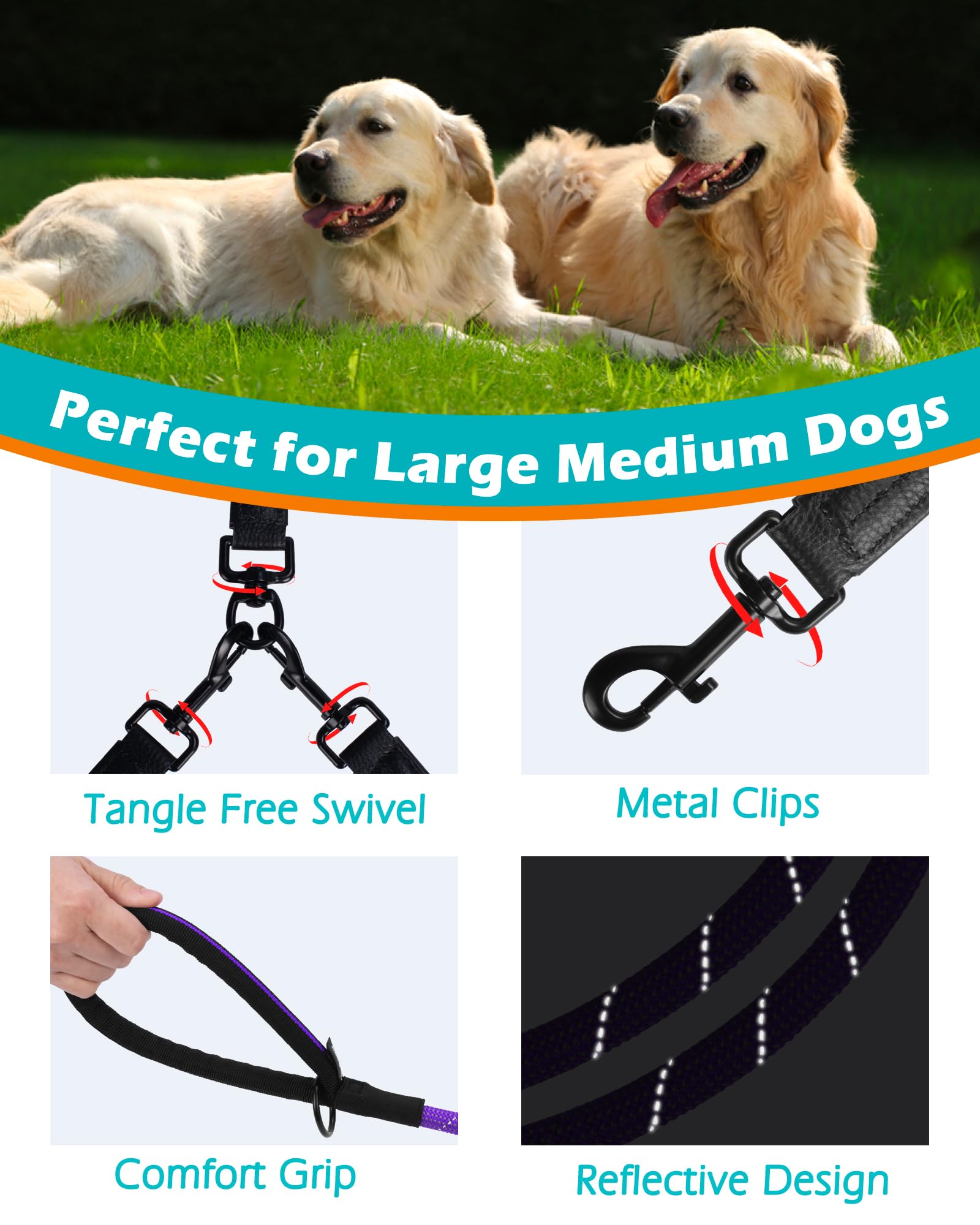 PetBonus Rope Double Dog Lead, No Tangle Dual Lead, Reflective Walking Training Leash with Two Comfortable Padded Handles - Image 2
