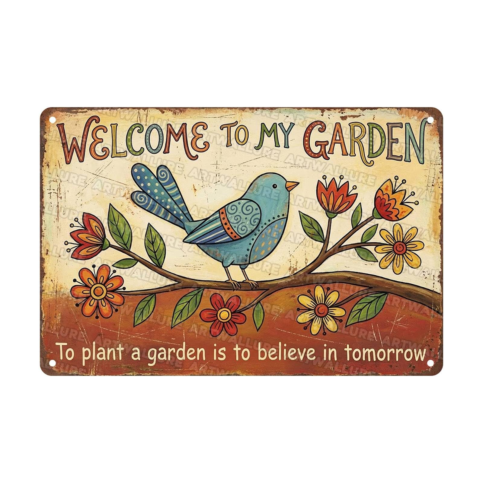 Garden Welcome Sign Retro Bluebird Flower Metal Wall Decor To Plant a Garden is to Believe in Tomorrow Vintage for Patio Porch Yard Decor 8x12Inch