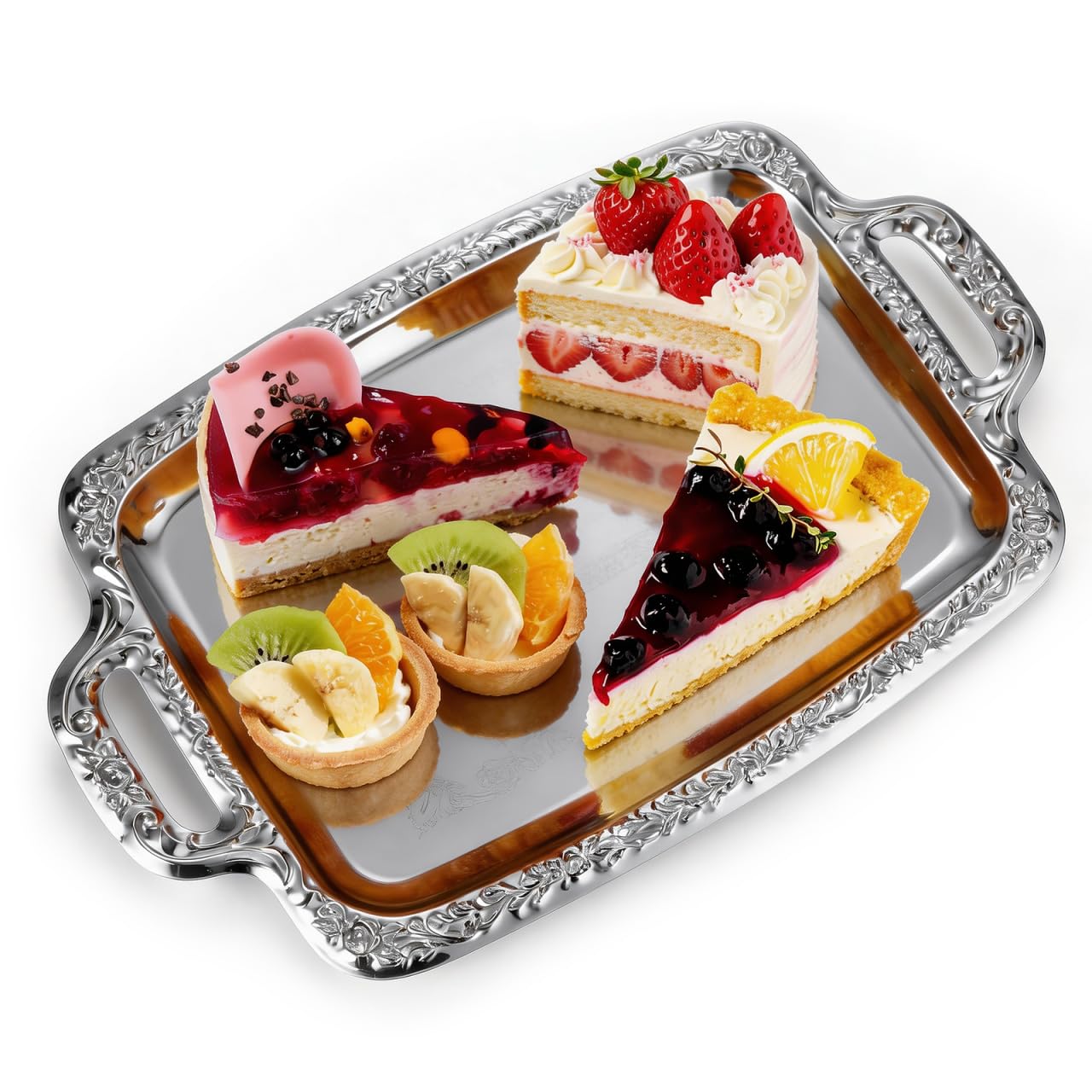 TOYANDONA Metal Serving Tray: European Retro Style Rectangular Metal Platter with Handles, Elegant Tea & Coffee Tray, Jewelry Organiser, Perfect for Afternoon Tea, Parties & Desserts (silver）