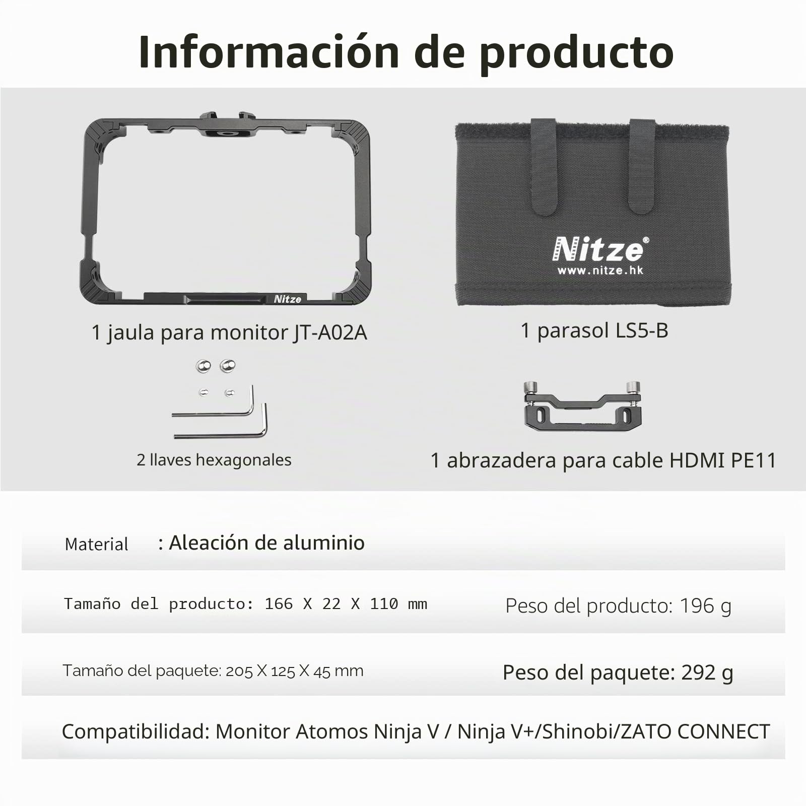 Nitze Kit de Jaula para Atomos Ninja V/Ninja V+/Ninja/Ninja Ultra/Zato Connect/Shinobi, Cage con Abrazadera de Cable HDMI y Parasol - JT-A02B