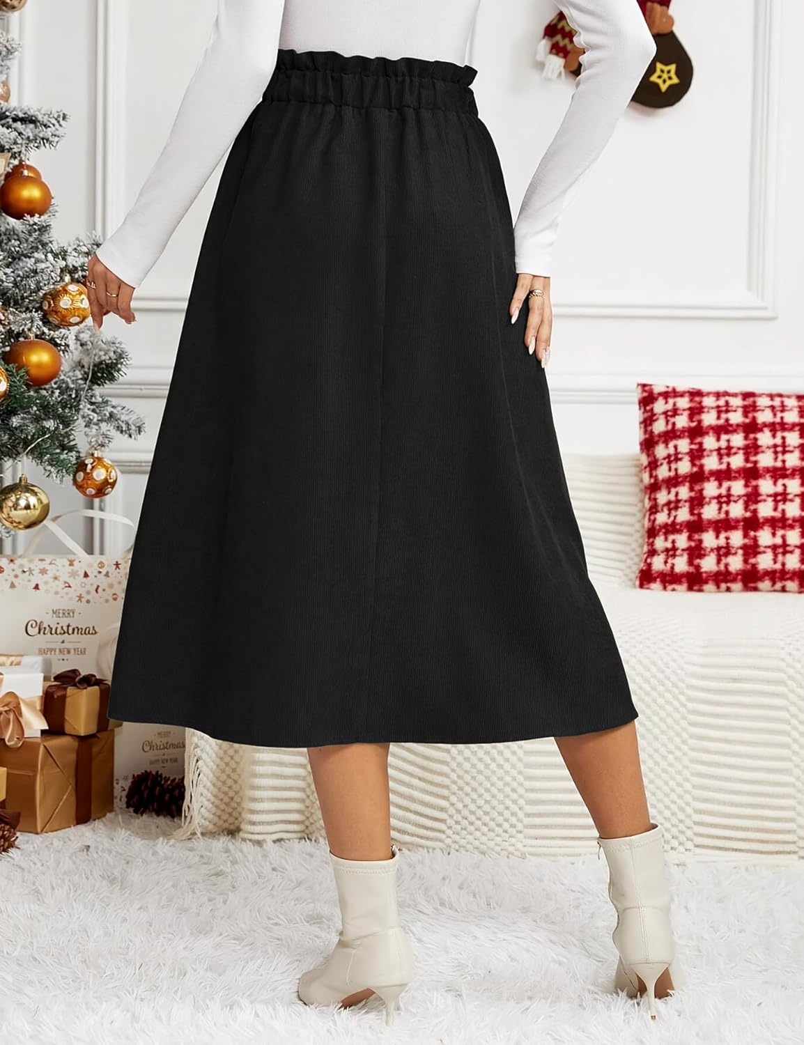 IDEALSANXUN Womens Corduroy Skirts Fall Winter High Waisted A Line Pleated Midi Skirt - Image 4