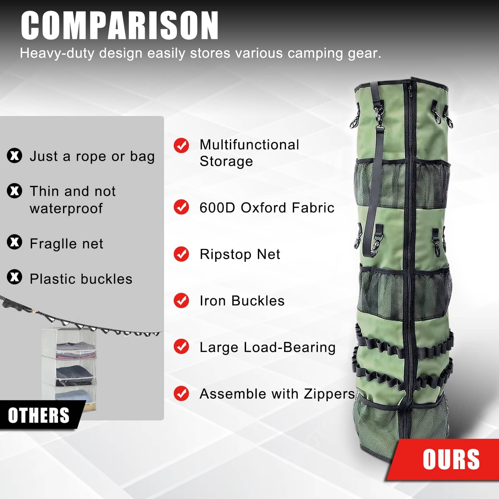 AYAMAYA Organiseur de tente de camping à suspendre pour l'intérieur avec sangles de rangement et poches en maille et crochets de suspension pour camping, camping-car, pique-nique, sac de rangement