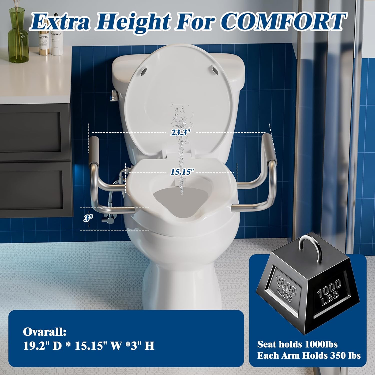 Raised Toilet Seat with Handdles and Bidet Attachment,Elongated - Non-Electric Bidet with Dual Nozzles - Elevated Toilet Risers for Seniors & Limited Mobility - Easy Install & Clean