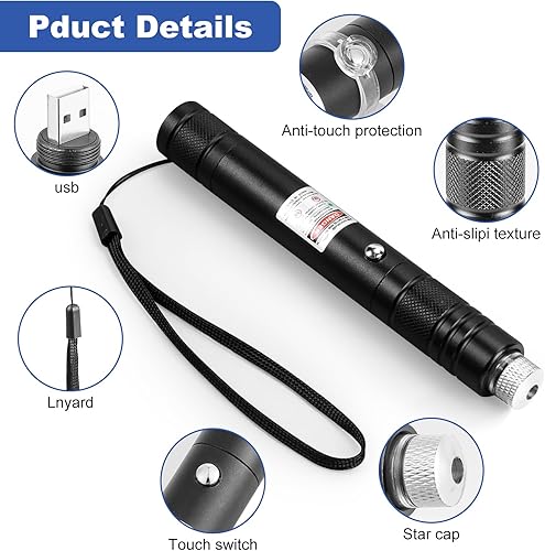 Miniatura 6 de Damflew - Puntero láser verde de alta potencia, haz láser recargable de largo alcance, carga USB, para senderismo, presentaciones y uso al aire