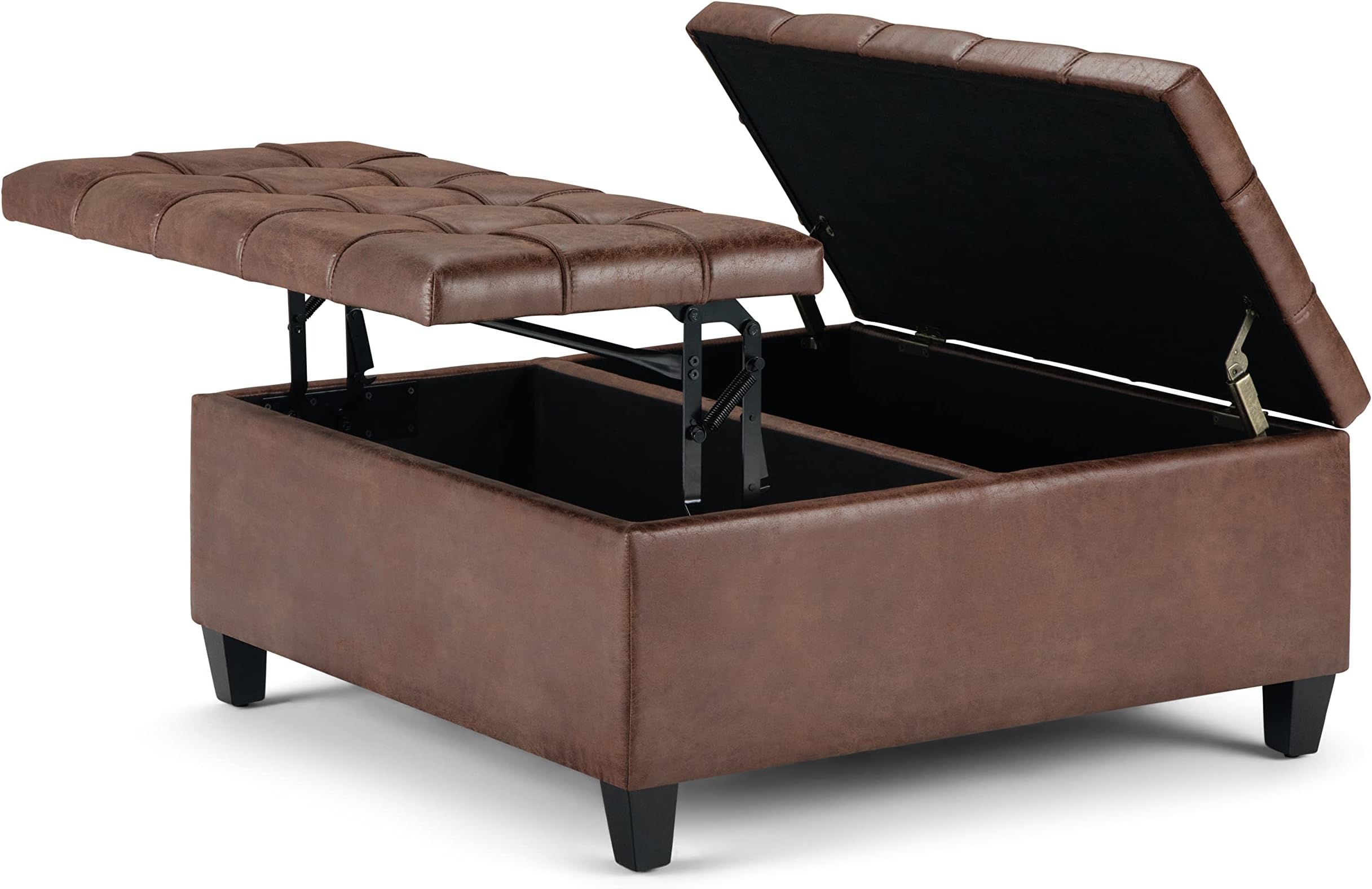 SIMPLIHOME Harrison Coffee Table Storage Ottoman - 36 inch Wide Upholstered Vegan Leather Square Lift-Top Ottoman in Distressed Umber Brown, Transitional Ottoman for Living Room with Storage