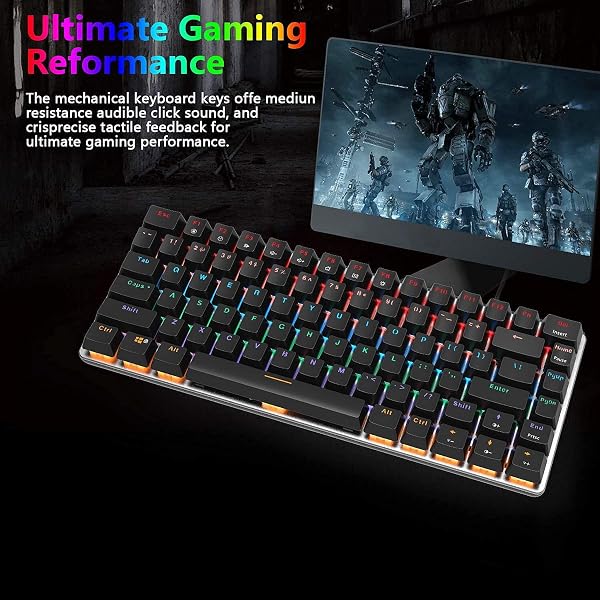 Tastiera Meccanica da Computer Gaming, USB Cablata 82 Tasti Anti-Ghosting Blue Switch Tastiera Gioco Arcobaleno Multicolore Illuminata Backlit, Mechanical Keyboard Compatta Ergonomica Nero - 2